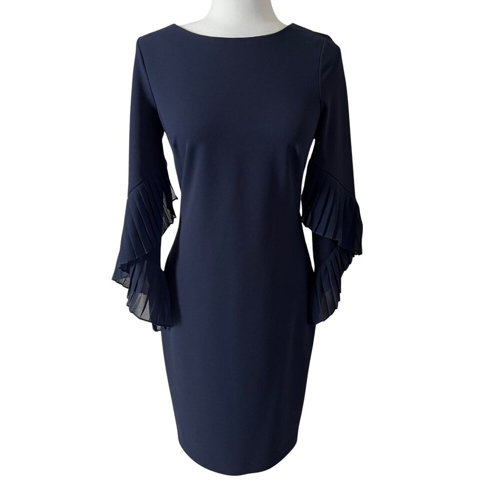 DKNY Navy Pleated Bell Sleeve Sheath Dress Size‎ 2